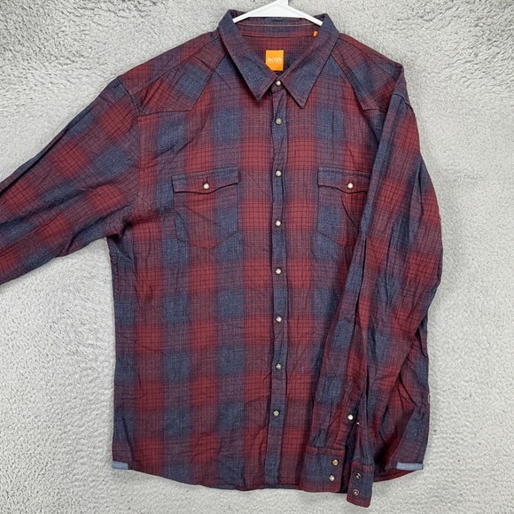 Boss Hugo Boss Flannel Shirt Men XL Blue Red Plaid Slim Fit Pearl Snap Button Up - Picture 1 of 10